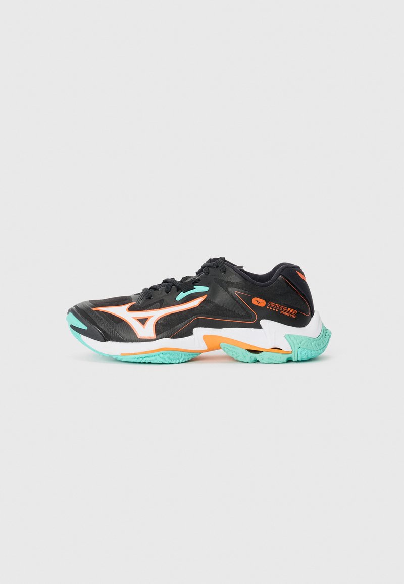 Black sports shoe with orange and turquoise accents, featuring a mesh upper, textured rubber sole, and a distinctive curved design.