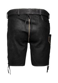 Pantalones cortos de cuero negro con una textura suave, cintura ajustable con cordón y bolsillos laterales. Incluyen costuras en contraste y detalles de lazo.