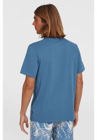 Blue cotton t-shirt with a crew neckline, short sleeves, and a comfortable fit; displayed from the back.