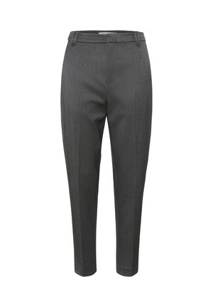 Gray tailored trousers with a textured fabric, featuring a straight cut and subtle pinstriping. Includes belt loops and a front pocket.