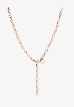 Roze gouden ketting met ovale schakels en een Y-vormige hanger; bevat een klein rond label met gegraveerde tekst.