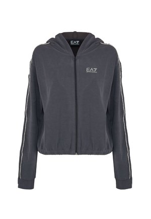 Giacca grigia con cappuccio, con zip e orlo elastico, dotata di accenti silver a righe lungo le maniche e di un logo sul petto.