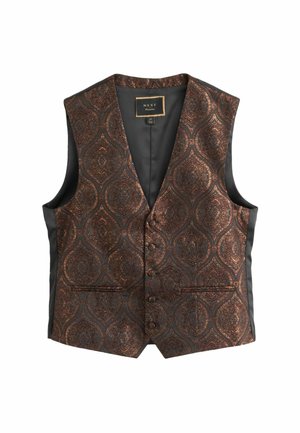 Men's waistcoat in dark brown with a textured paisley pattern in bronze. Satin finish, v-neck design, and two front pockets, six buttons.