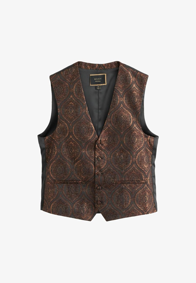 Herren-Weste in Dunkelbraun mit einem strukturierten Paisleymuster in Bronze. Satinoptik, V-Ausschnitt-Design und zwei Fronttaschen, sechs Knöpfe.