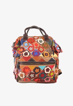 Colorful leather backpack with patchwork diamond pattern and multicolored flower appliqués, brown handles, and front zippered pocket.