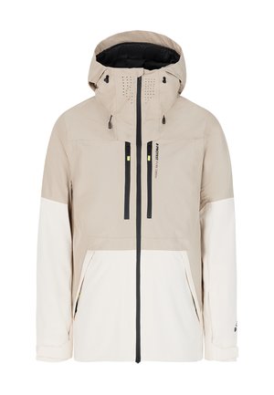 Chaqueta impermeable beige y blanco roto con capucha, que cuenta con cremallera negra y cuerdas de ajuste, orificios de ventilación y dos bolsillos frontales.