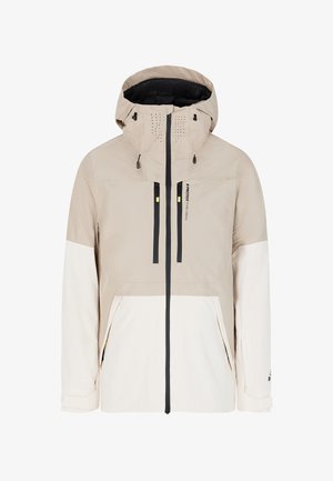 Beige ja off-white vesitihe jakk kapuutsiga, millel on must tõmblukk ja nöörid, ventilatsiooniaugud ning kaks eesmist taskut.