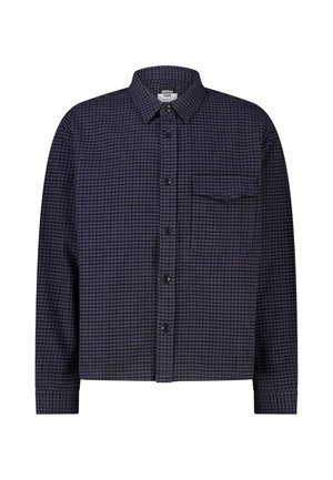Langarmig overhemd met knopen, met een klein donkerblauw en zwart geruit patroon en één borstzak.