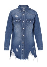 Denim jurk met kraag en voorgesloten knopen. Met twee borstzakken, versleten gebieden en een rafelige zoom. Kleur: donkerblauw.