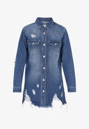Denim jurk met kraag en voorgesloten knopen. Met twee borstzakken, versleten gebieden en een rafelige zoom. Kleur: donkerblauw.