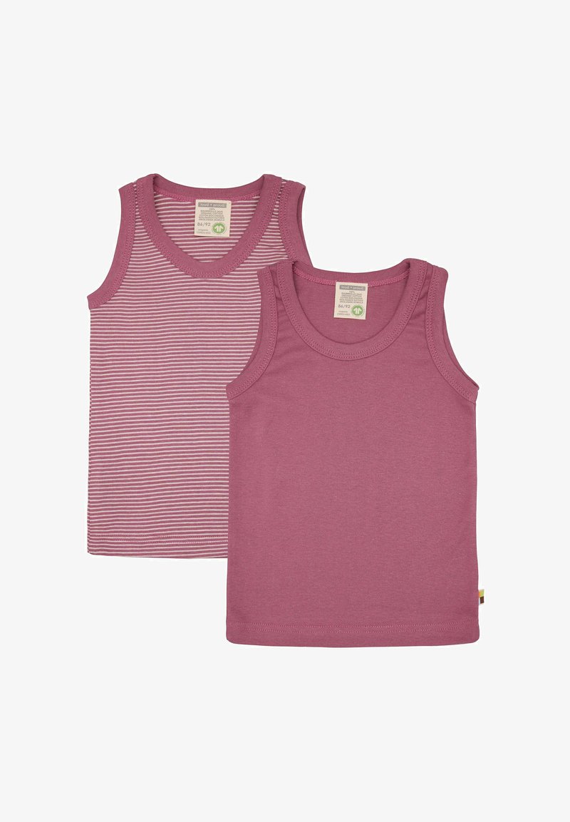 Two sleeveless tank tops in shades of pink; one solid, one with striped pattern. Both made of soft fabric, featuring round necklines.