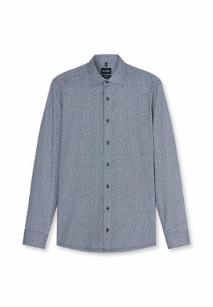 Chemise à manches longues boutonnée avec un petit motif à pois blancs sur fond bleu, col classique et boutons noirs sur le devant.