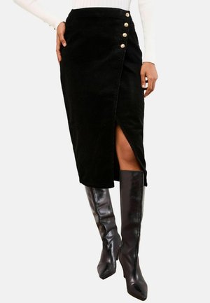 REGULAR FIT - ASYMMETRICAL BUTTON MIDI  - Puzdrová sukňa - black cord