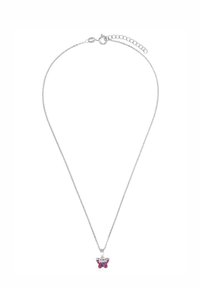 Silver halsband med en liten fjärilsberlock prydd med rosa stenar och silverDetaljer. Justerbar längd med ett lås.