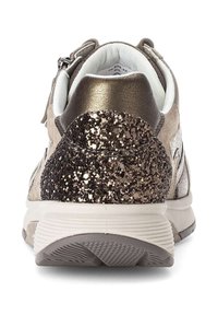 Fashion sneaker with metallic bronze upper, textured leather, and a glittery dark brown heel. Features a padded collar and white midsole.