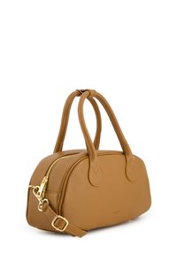Tan leather bag with a rounded design, dual handles, and a detachable shoulder strap. Features gold zipper and subtle texture.