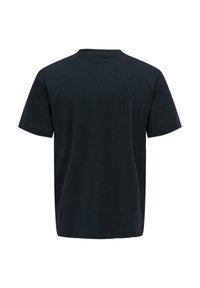 Black short-sleeve T-shirt with a round neck, made of cotton, featuring a smooth texture and an unadorned design on the back.