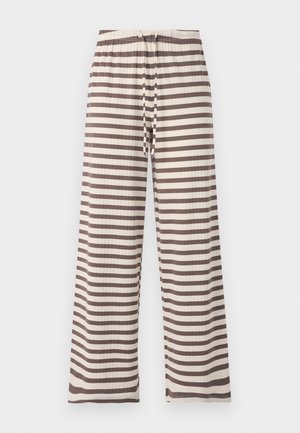 Broek met wijde pijpen met horizontale bruine en beige strepen, elastische tailleband en vooraan een trekkoorddetail op een vlakke ondergrond.
