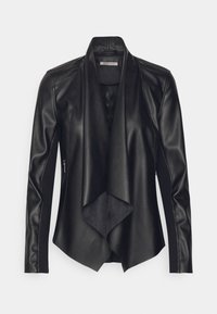Veste en simili cuir noir avec un devant drapé, une coupe slim et des manches longues dotées de poches latérales zippées et de détails texturés doux.