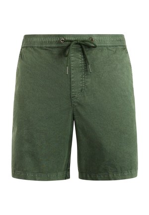 Heren zwemshorts in olijfgroen met een elastische tailleband en een verstelbare koordsluiting aan de voorkant, kniehoog en met een strak, eenvoudig design.