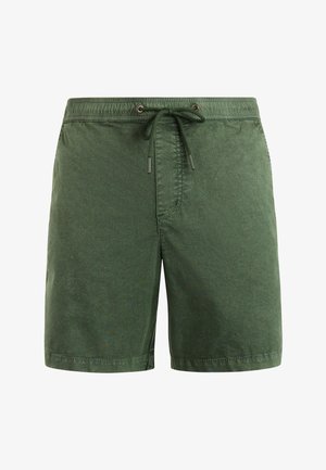 Olivgrüne Herren-Badeshorts mit elastischem Bund und vorderer Kordelzug, knielang mit schlichtem, einfachem Design.