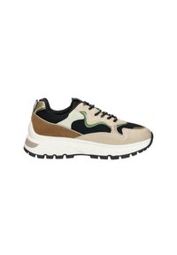 Sneaker met een beige en zwarte bovenkant met groene accenten, bruine suède patches, zwarte mesh en een dikke witte rubberen zool met grip.