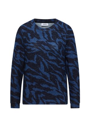 Blauwe en marineblauwe gestreepte longsleeve trui met een ronde hals. Zachte gebreide stof met een abstract patroon en ribgebreide manchetten.