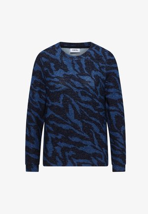 Sininen ja tummansininen raidallinen pitkähihainen neulepaita, jossa on pyöreä kaula-aukko. Pehmeä neulottu kangas, jossa on abstrakti kuvio ja ribbejä hihansuissa.