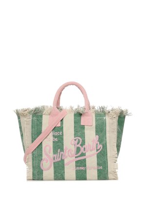 Striped tote bag in green and beige canvas, featuring pink text and fringed edges. Includes two handles and a removable shoulder strap.