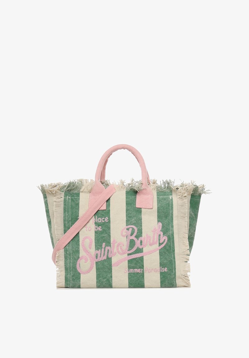 Striped tote bag in green and beige canvas, featuring pink text and fringed edges. Includes two handles and a removable shoulder strap.