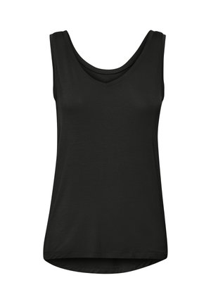 Sort ærmeløs tanktop med V-hals, let buet kant og enkel, glat stoftekstur.