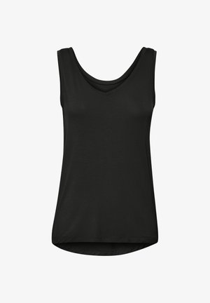 Sort ærmeløs tanktop med V-hals, let buet kant og enkel, glat stoftekstur.