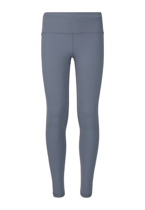 Høj talje, fuld længde atletiske leggings i ensartet grå med flatlock-sømme, vist på en hvid baggrund.