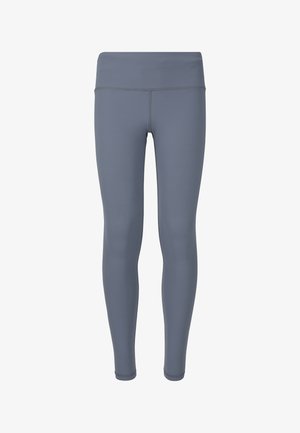 Grijs, effen, atletische leggings met hoge taille en volledige lengte, met flatlocknaden, weergegeven op een witte achtergrond.
