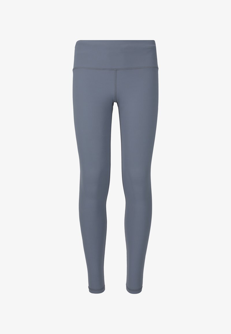 Athletische Leggings mit hoher Taille und voller Länge in einfarbigem Grau mit Flatlock-Nähten, dargestellt auf weißem Hintergrund.