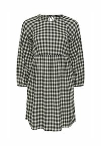 Schwarz-weiß kariertes Kleid mit rundem Ausschnitt und einer Krawatten-Detail im Rücken, ausgestattet mit langen Ärmeln und einer lässigen Silhouette.