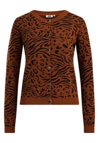 Brun stickad cardigan med ett svart tigermönster, rund halsringning, knappstängning framtill samt ribbade ärmslut och fåll.