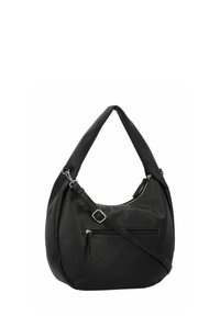 Borsa hobo nera in pelle con superficie texturizzata, una sola tracolla e una tasca frontale con cerniera. Presenta dettagli in hardware argentato.