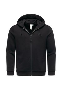 Sort zip-up hættejakke lavet af blødt stof, med snøre i hætten, frontlommer og ribkantede manchetter. Glat overflade, minimalistisk design.