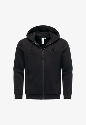 Felpa nera con zip realizzata in tessuto morbido, dotata di cappuccio con cordino, tasche frontali e polsini a costine. Superficie liscia, design minimalista.
