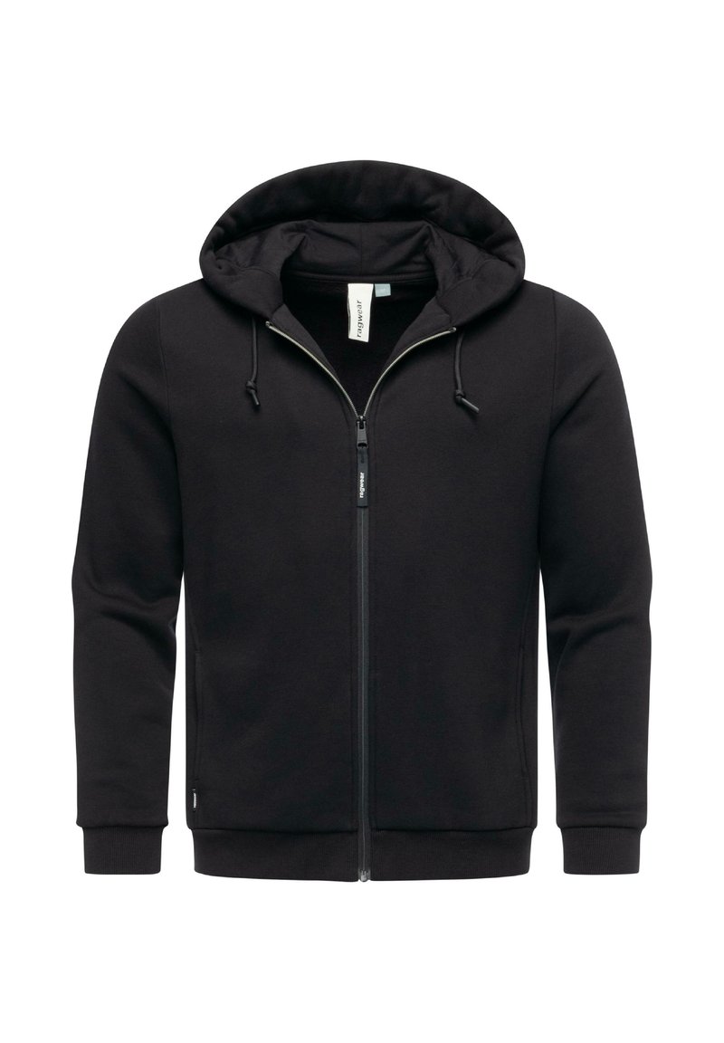 Sort zip-up hættejakke lavet af blødt stof, med snøre i hætten, frontlommer og ribkantede manchetter. Glat overflade, minimalistisk design.