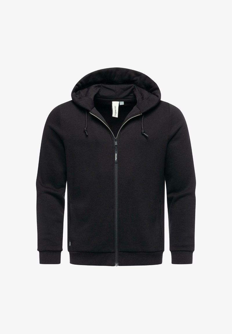 Sort zip-up hættejakke lavet af blødt stof, med snøre i hætten, frontlommer og ribkantede manchetter. Glat overflade, minimalistisk design.