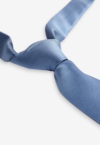 Cravate en soie bleu clair avec une texture lisse et semi-brillante. Présente un design classique et un nœud bien noué. Motif de rayures diagonales subtiles.