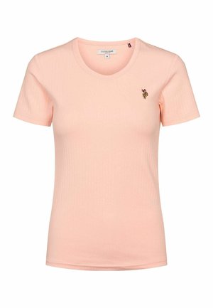 Peene riibuline lühikeste varrukatega T-särk, ümmarguse kaelusega ja väikese õmmeldud logoga rinnal. Pehme, veniv kangas.