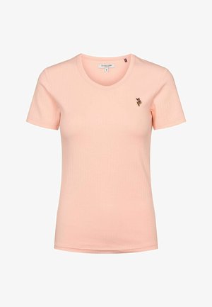 Tricou scurt cu mânecă scurtă, culoare piersiciu, cu guler rotund și un mic logo brodat pe piept. Material moale și elastic.