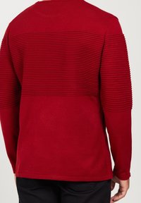 Maglione rosso a maniche lunghe con texture a coste sulle spalle e nella parte superiore della schiena, con una sezione inferiore liscia e collo rotondo.