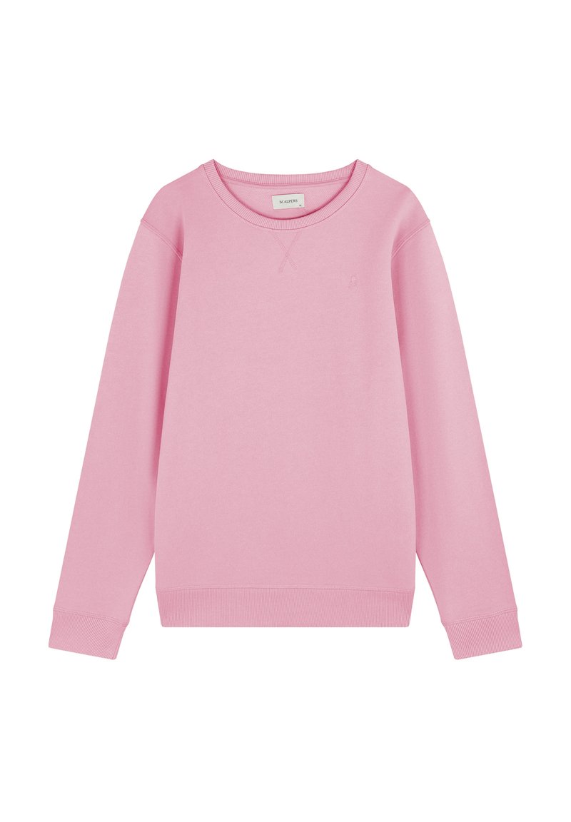 Rosa Sweatshirt aus Baumwollmix; mit gerippten Bündchen und Saum; Rundhals; einfaches Design mit minimalen Details.