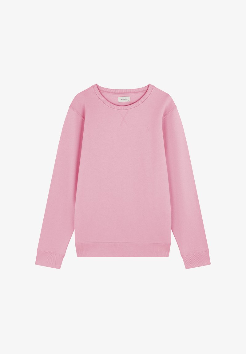 Pink sweatshirt made of cotton blend; features ribbed cuffs and hem; round neck; simple design with minimal detailing.