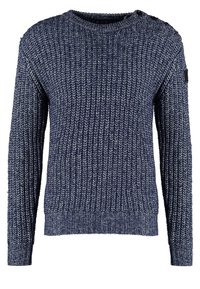 Mörkblå stickad tröja med ribbad textur, rund halsringning och knappdetaljer på axeln. Mjukt, medeltungt tyg.