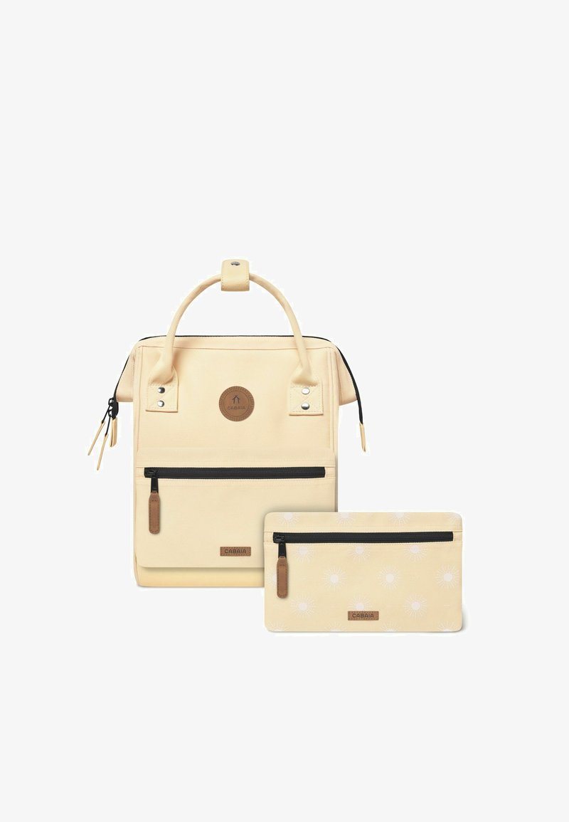 Yellow backpack made of durable material with dual handles, front zip pocket, and a smaller matching pouch featuring a sun pattern.